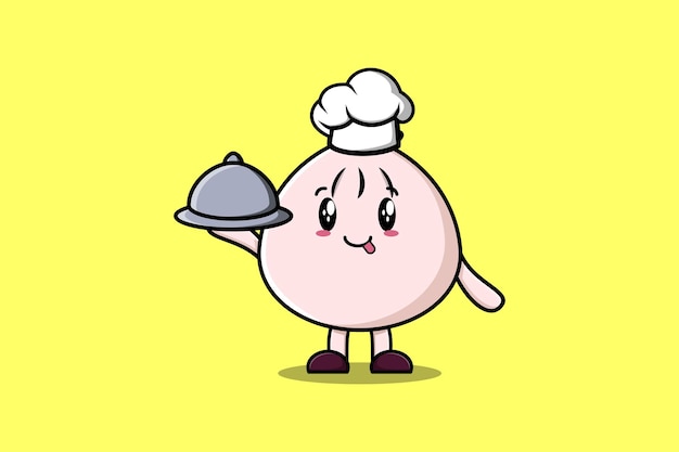 Chef De Dessin Animé Mignon Personnage De Mascotte Dim Sum Servant De La Nourriture Sur Un Plateau Illustration De Conception De Style Mignon