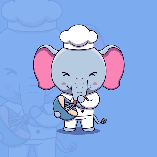 Vecteur chef éléphant mignon avec fouet et bol à mélanger