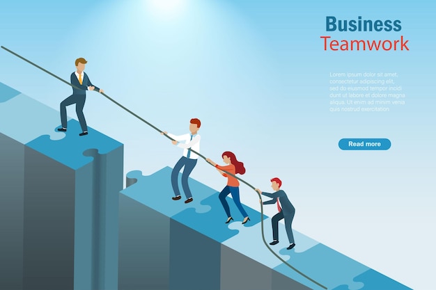 Vecteur un chef d'entreprise tire sur la corde pour aider l'équipe de partenaires à connecter la cible de la voie du puzzle