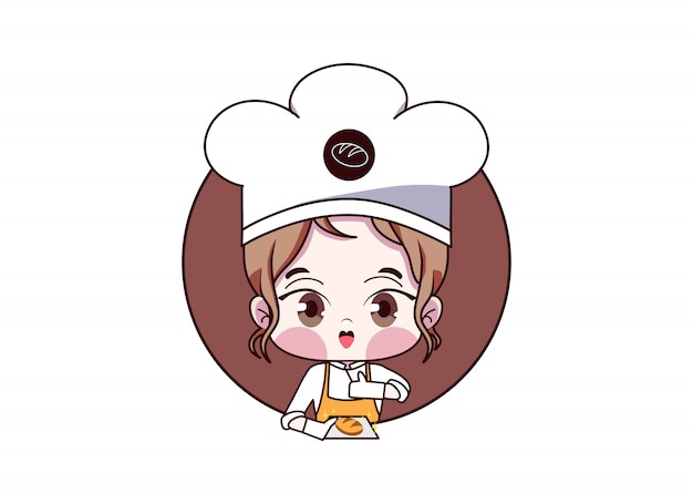 Chef Féminin. Jolie Fille Kawaii Boulangerie Boutique Logo Dessin Animé. Fille De Boulanger Avec Du Pain