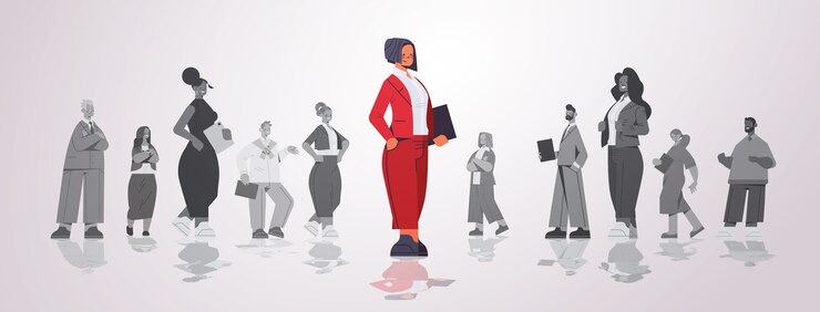Vecteur chef de file de la femme d & # 39; affaires debout devant des gens d & # 39; affaires groupe de leadership concurrence concept illustration horizontale