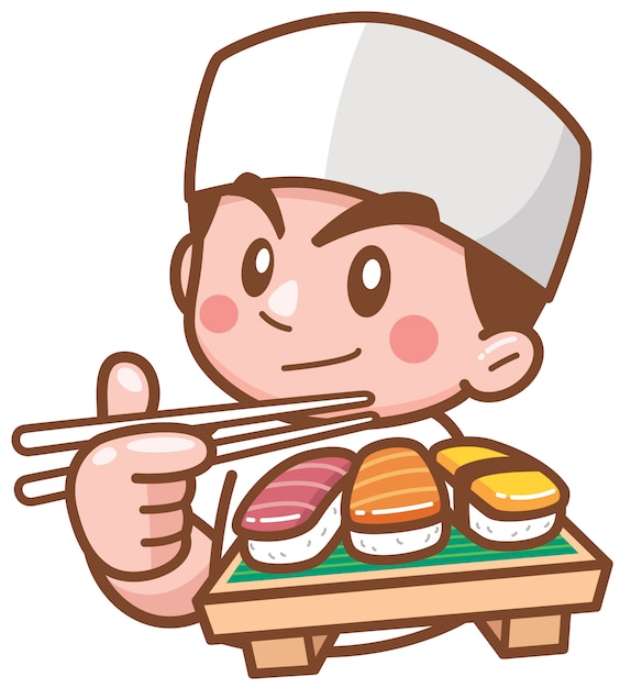 Chef Japonais Dessin Animé Présentant Des Sushis