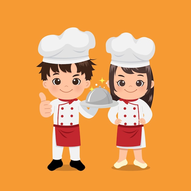 Chef Mignon Garçon Et Fille Debout Avec Un Regard Confiant. Asiatique Portant Un Costume De Chef Professionnel Avec Chapeau. Design Plat.