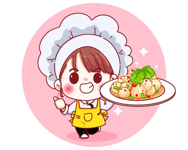 Chef mignon avec illustration de dessin animé de piment salade de boulettes de viande épicée