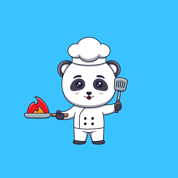 Vecteur chef mignon de panda tenant la spatule et la poêle à frire brûlante