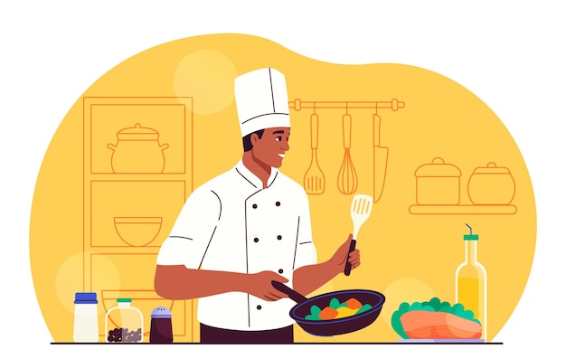 Chef avec poêle à frire homme dans le chapeau des chefs frire des légumes avec poêles à frire cuisiner de la nourriture dans le café de la cuisine