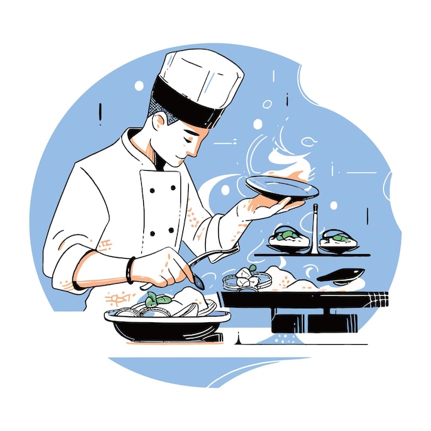 Vecteur un chef qui prépare méticuleusement un plat gastronomique dans une illustration vectorielle de restaurant haut de gamme