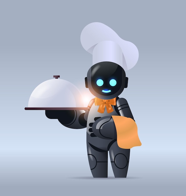 Vecteur chef robot noir en chapeau tenant une cloche de service personnage robotique moderne cuisine dans la technologie de l'intelligence artificielle