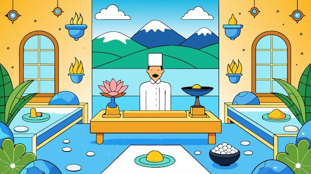 Vecteur chef serein préparant un repas dans la cuisine de mountain view