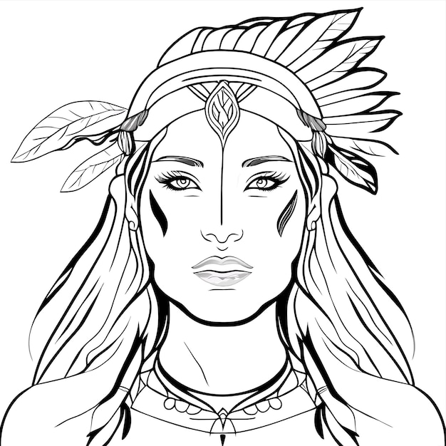 Vecteur chef de tribu amérindienne femme indigène dessinée à la main concept d'icône d'autocollant de dessin animé plat et élégant