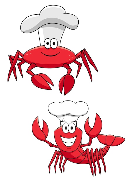 Vecteur chefs de dessin animé de crabe rouge et de crevettes dans des chapeaux de cuisinier