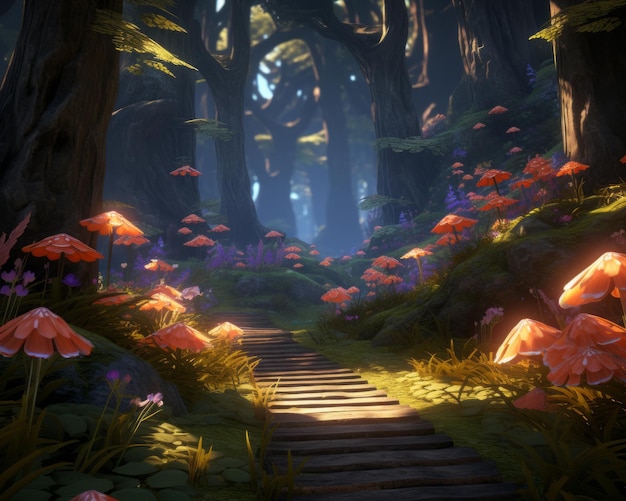 Vecteur un chemin à travers une forêt avec des champignons et des fleurs