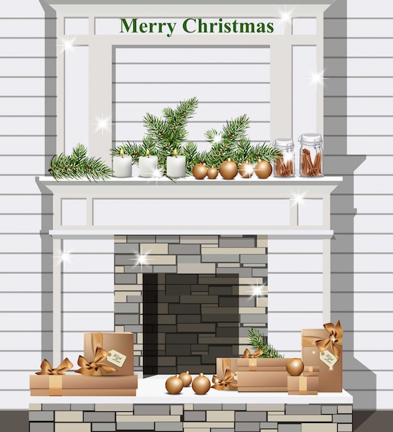 Cheminée blanche avec décor de Noël Vector réaliste