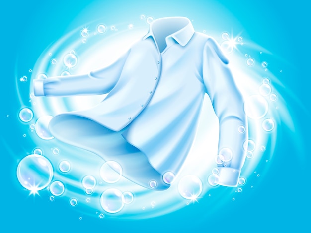 Vecteur chemise blanche lavée et filée dans l'eau, avec des éléments de bulles de savon, illustration de fond bleu