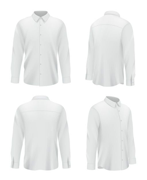 Chemise homme. Vêtements d'affaires pour hommes chemise longue à manches blanches images de maquette réalistes vectorielles décentes. Homme d'affaires de code vestimentaire, illustration de gros plan de vêtements