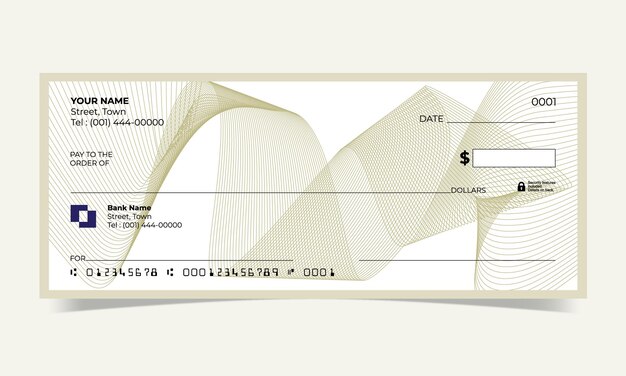 Vecteur chèque en blanc, conception de chèque bancaire, format vectoriel