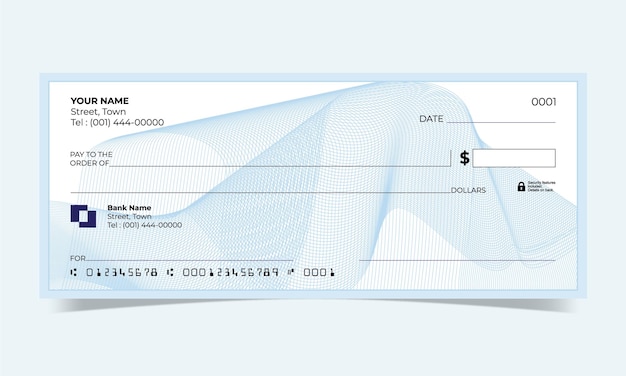 Chèque en blanc, conception de chèque bancaire, format vectoriel