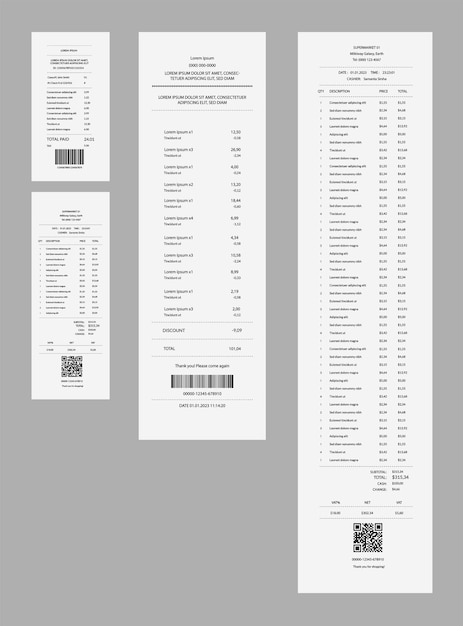 Vecteur chèque de paiement et reçus ensemble de factures d'achat papier financières facture d'achat ou calcul de la paie réception des formulaires du vendeur