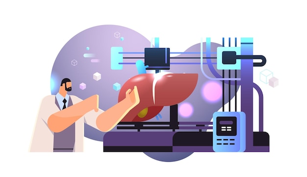 Vecteur un chercheur imprime un modèle de foie sur une imprimante bio 3d impression médicale d'organe de transplantation humaine génie biologique bioimpression