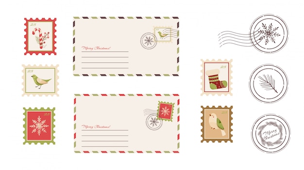 Vecteur chère lettre du père noël. carte postale avec timbres et marque.