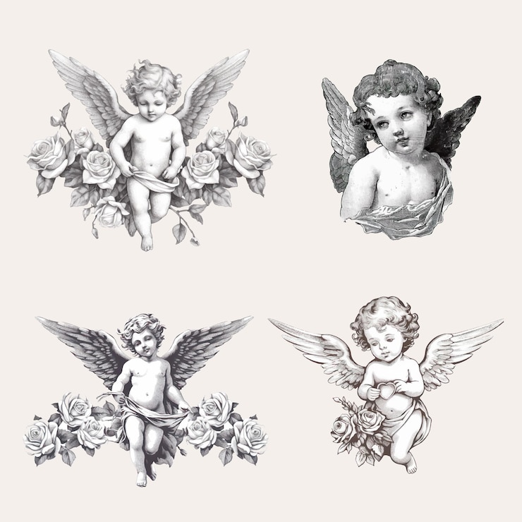 Vecteur des chérubins vintage avec des accents floraux