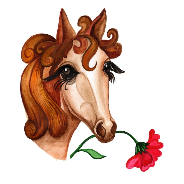 Cheval aquarelle avec fleur