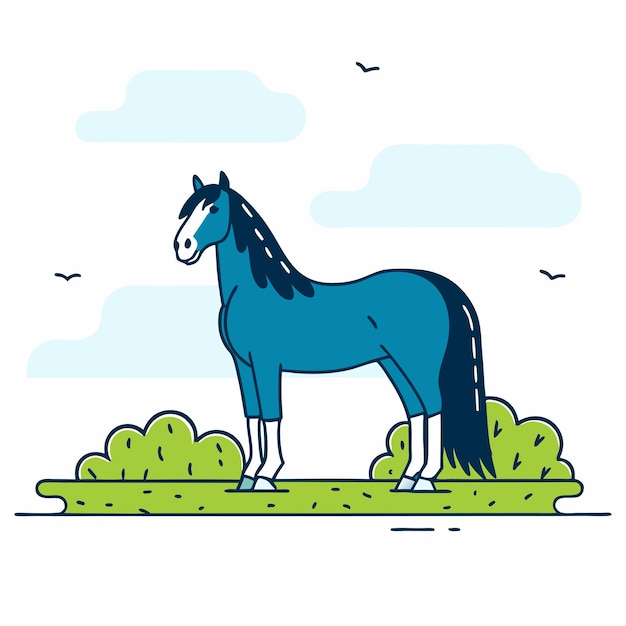 un cheval bleu avec une crinière bleue se tient dans un champ d'herbe