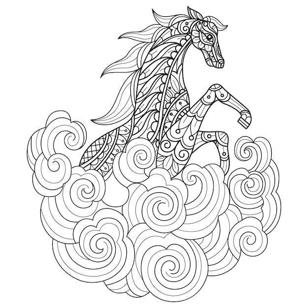 Cheval De Conte De Fées Dessiné à La Main Pour Un Livre De Coloriage Pour Adultes