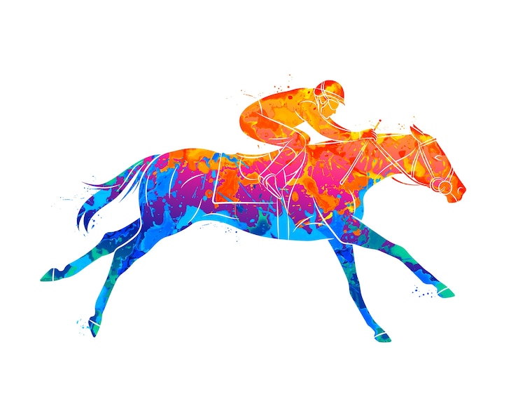 Vecteur cheval de course abstrait avec jockey d'éclaboussure d'aquarelles. sport équestre.