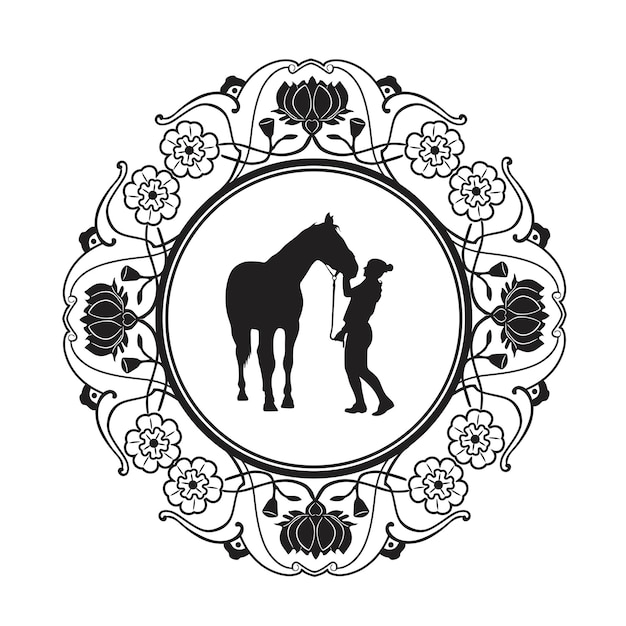 Vecteur cheval et fille aiment avec la silhouette à la main de cadre de fleur