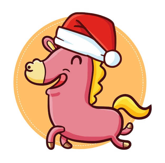 Vecteur cheval kawaii mignon et drôle en cours d'exécution et portant le chapeau du père noël pour christma