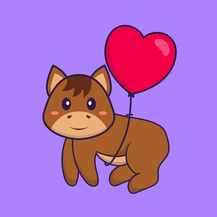 Vecteur cheval mignon volant avec des ballons en forme d'amour. concept de dessin animé animal isolé.
