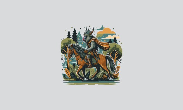 Cheval De Ride Viking Sur La Forêt Conception Plate Vectorielle