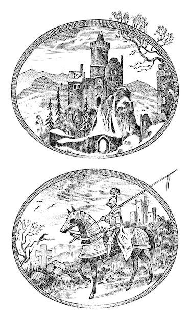 Vecteur chevalier et château médiévaux château antique et cavalier à cheval cavalier ancien modèle pour étiquette ou badge croquis vintage monochrome gravé dessiné à la main