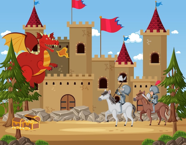 Les chevaliers se battent avec le dragon au château