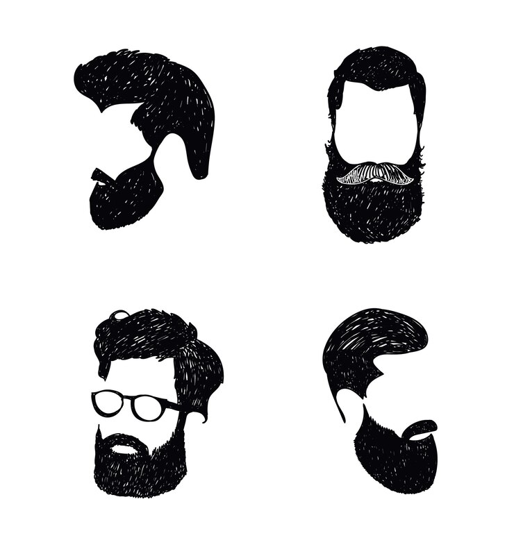 Cheveux et barbes hipster, ensemble d'illustrations vectorielles de mode. Logo de salon de coiffure dessiné à la main, icône isolée