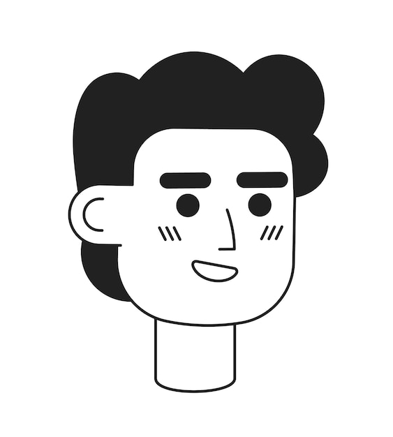 Cheveux bouclés homme caucasien avec tête de personnage linéaire plat monochrome sourire lumineux