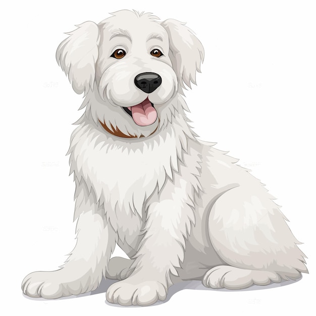 Vecteur un chien blanc avec un nez noir et un nez brun est assis sur un fond blanc.