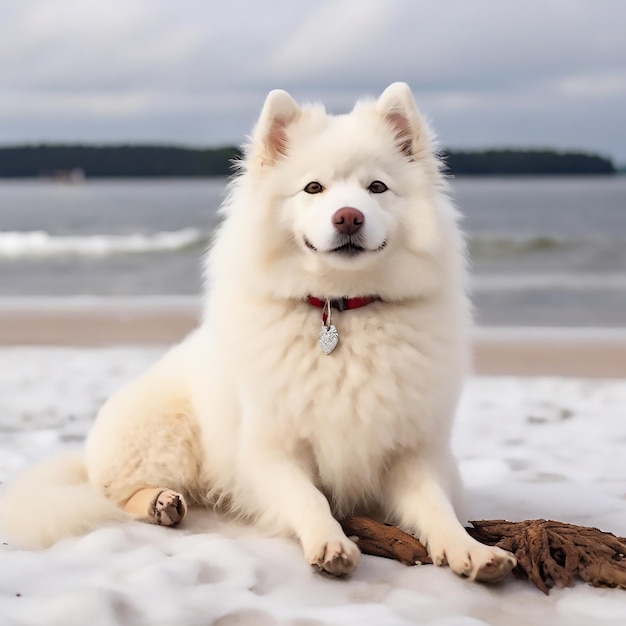 Vecteur un chien blanc samoyed est sur une plage enneigée en lettonie