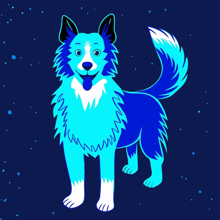 Vecteur un chien bleu avec une queue bleue se tient devant un fond étoilé
