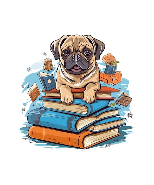 Chien carlin mignon une pile de livres sur fond blanc Chien carlin mignon une pile de livres Illustration