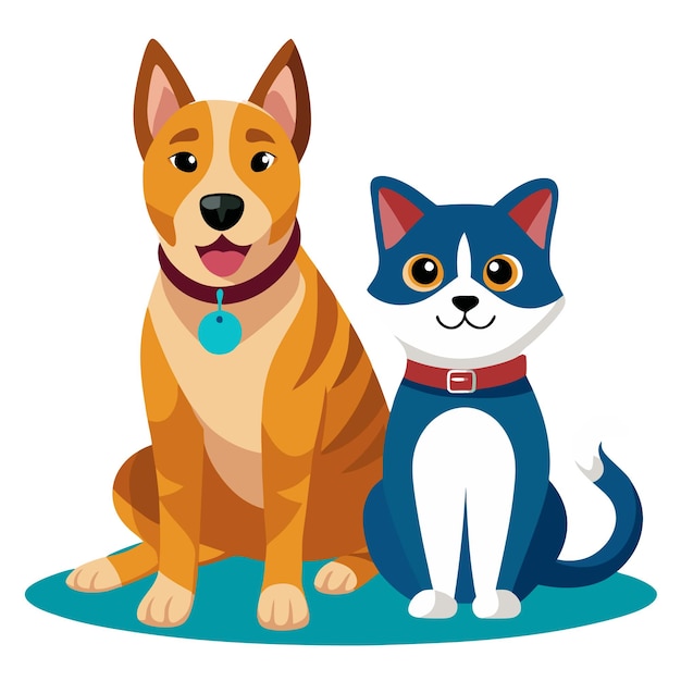 Un chien et un chat assis ensemble, un couple d'animaux de compagnie mignons et amicaux.