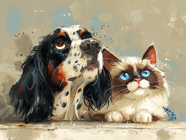 Vecteur un chien et un chat se câlinent dans le style de l'aquarelle