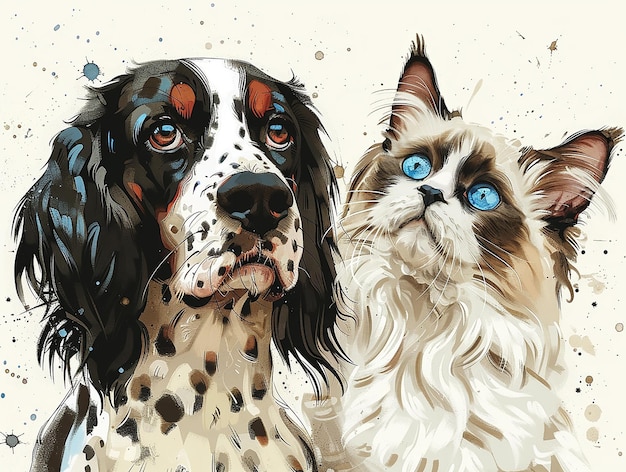 Vecteur un chien et un chat se câlinent dans le style de l'aquarelle