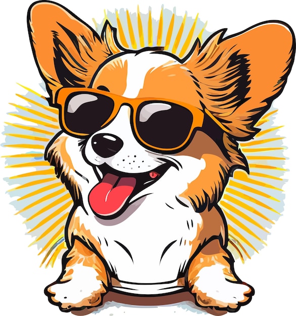 Un chien corgi avec des lunettes de soleil et une chemise qui dit corgi.