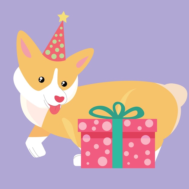 Chien Corgi Noël Au Chapeau Avec Cadeau Nouvel An Animal Dessin Animé Mignon Chien Heureux Stock Plat Vecteur