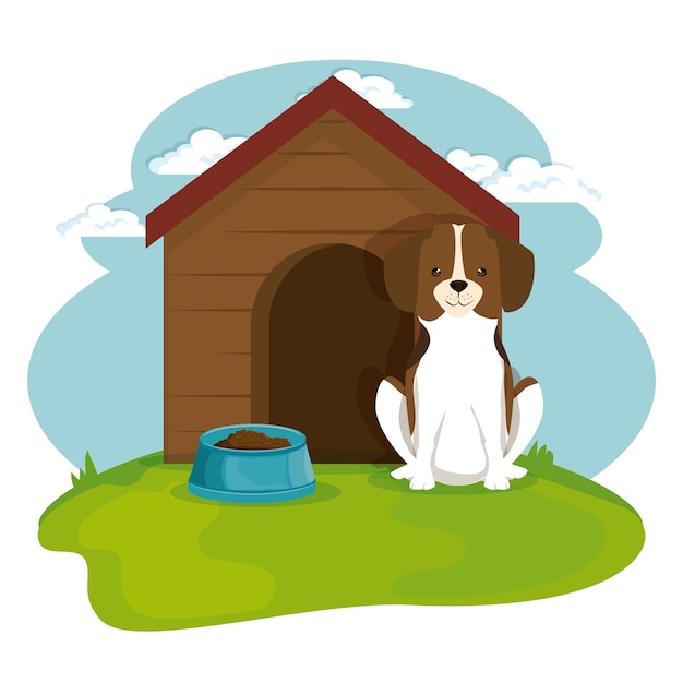 Chien dans une maison en bois pour animaux de compagnie