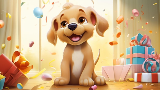 Vecteur un chien de dessin animé avec un jouet en arrière-plan et une boîte de bonbons