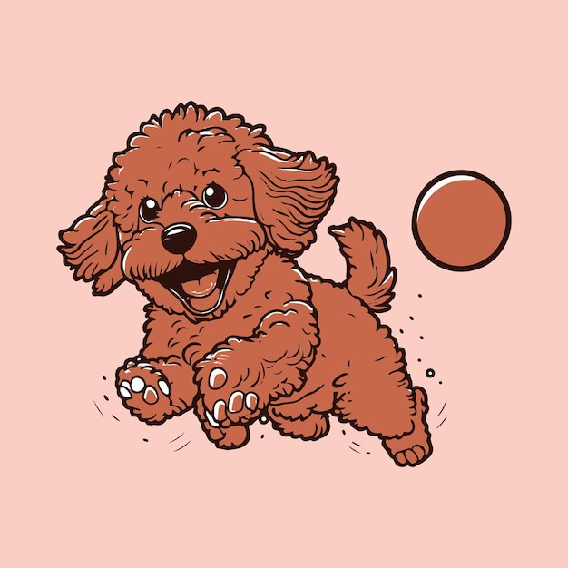 Un chien de dessin animé sautant avec une balle dans la bouche.