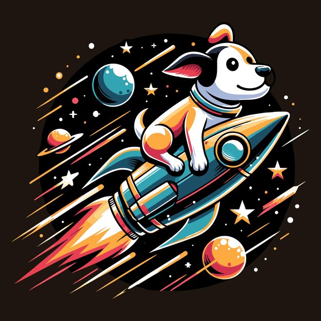 Vecteur un chien de dessin animé vole sur une fusée spatiale avec des étoiles et des planètes illustration vectorielle logo autocollant